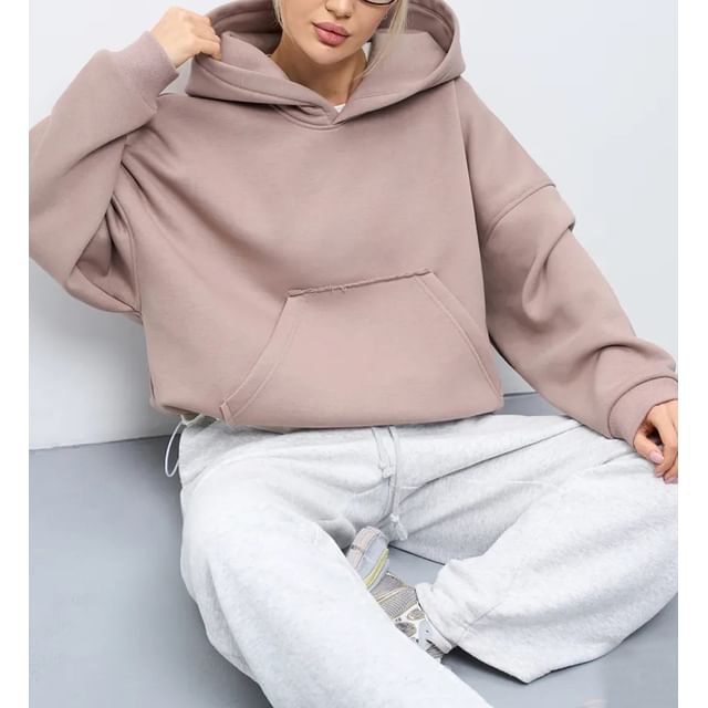 Drop-Shoulder Plain Pocket-Detail Hoodie
