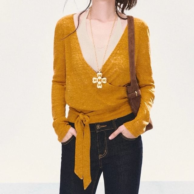 Long Sleeve V-Neck Plain Tie-Up Knit Wrap Top