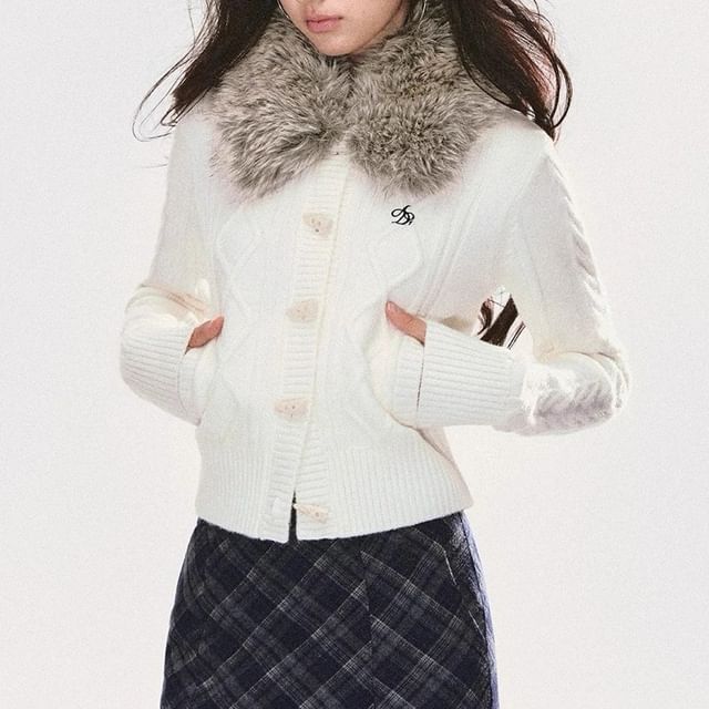 Faux Fur Collar Cable Knit Toggle Cardigan