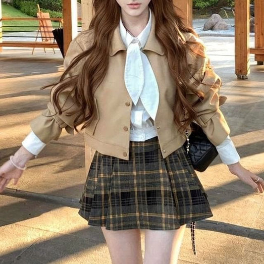 Long Sleeve Collared Plain Tie-Up Shirt / Collared Plain Button Trench Jacket / High Rise Plaid Pleated Mini A-Line Skirt
