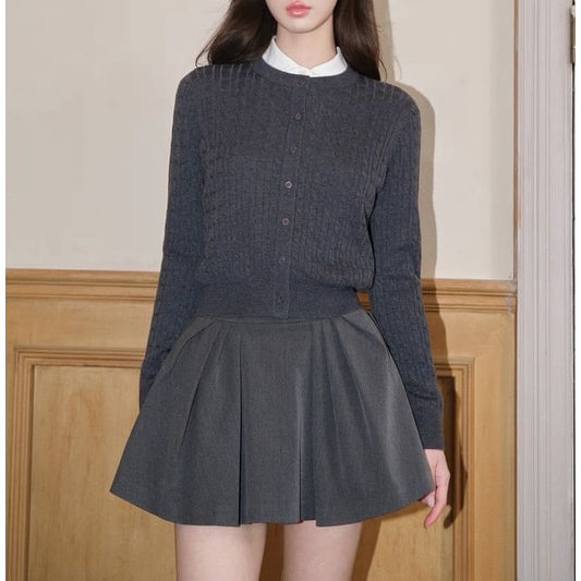 Round Neck Plain Cable Knit Cardigan