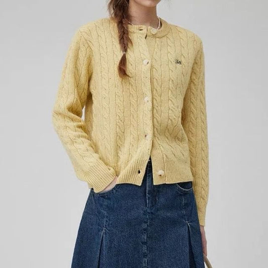 Round Neck Melange Embroidered Cable Knit Cardigan