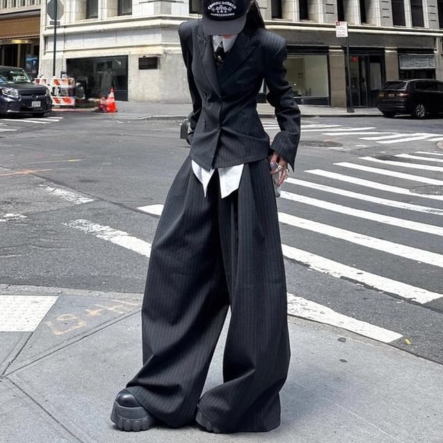 Peak Lapel Pinstriped Double Breasted Blazer / High Waist Wide Leg Dress Pants / Long Sleeve Collared Plain Shirt