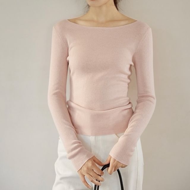 Long Sleeve Boat Neck Plain Knit Top