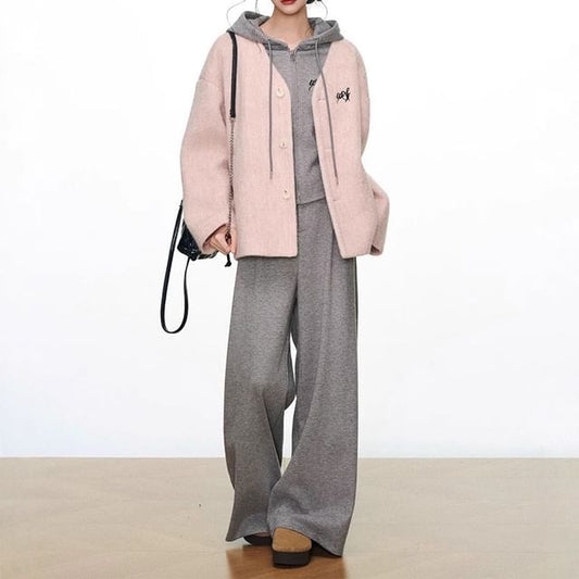 V-Neck Lettering Embroidered Button Jacket / Zip Hoodie / Elastic Waist Plain Wide Leg Pants