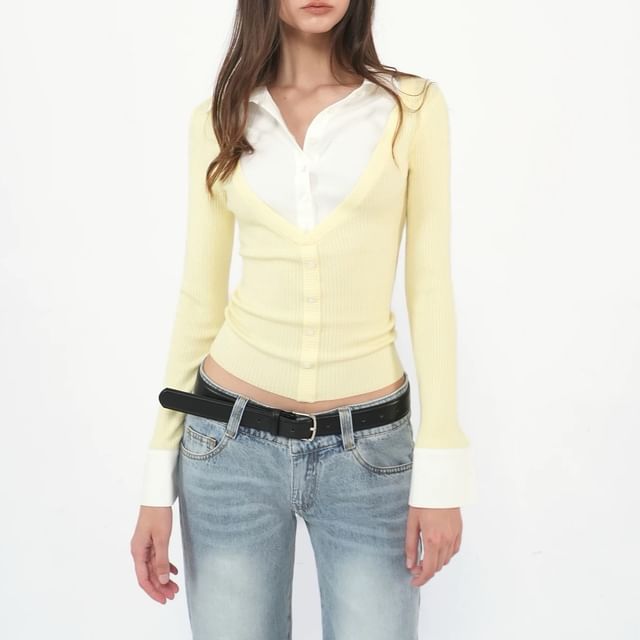 Long Sleeve Collared Mock Two Piece Button Ribbed Knit Top