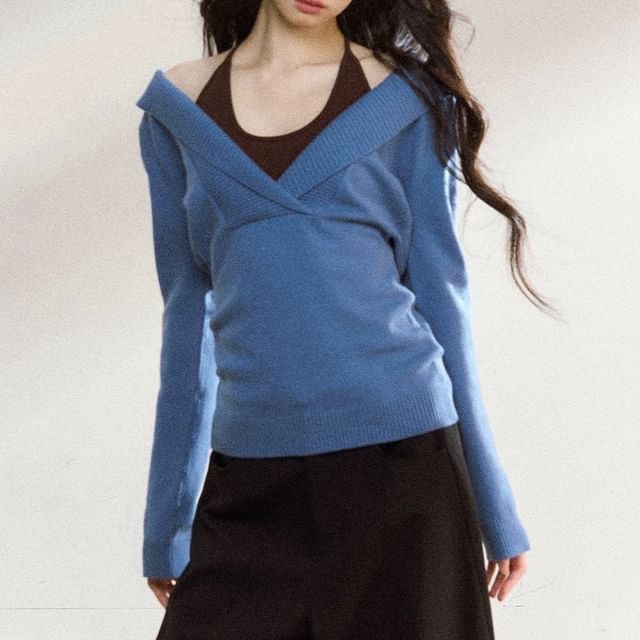 Shawl Collar Plain Sweater / Halter Plain Top