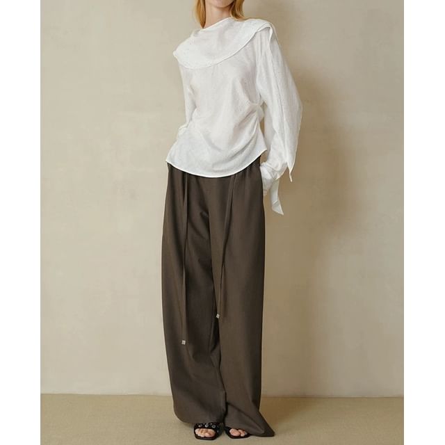 Long Sleeve Scarf Neck Plain Glitter Blouse / High Rise Plain Pleated Wide Leg Pants