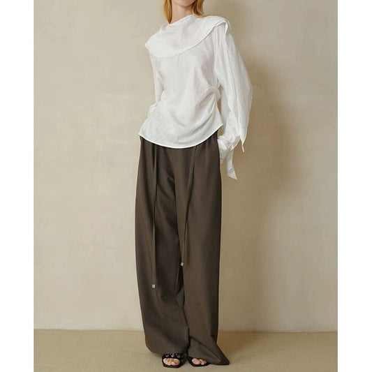 Long Sleeve Scarf Neck Plain Glitter Blouse / High Rise Plain Pleated Wide Leg Pants