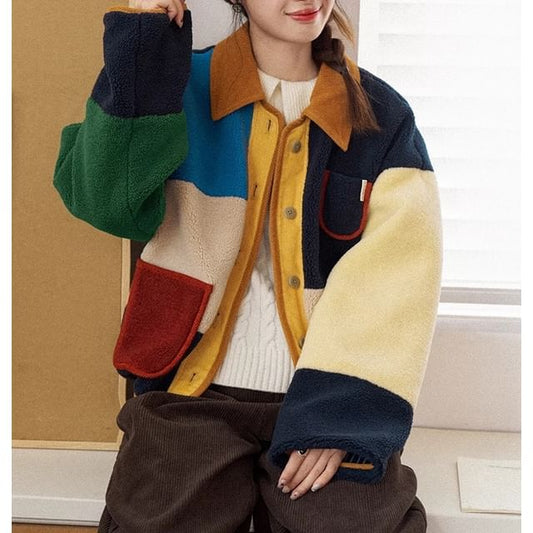 Collared Color Block Corduroy Panel Fleece Button Jacket