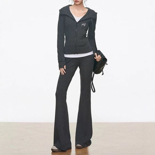 Lettering Embroidered Zip Hoodie / High Waist Plain Flared Pants / Long Sleeve V-Neck Embroidered Tee