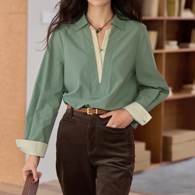 Two-Tone Panelled Collared Long-Sleeve Shirt