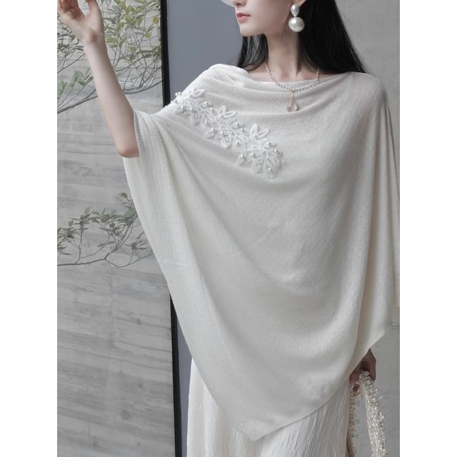 Tie Shoulder Plain Floral Applique Maxi A-Line Dress / Cape