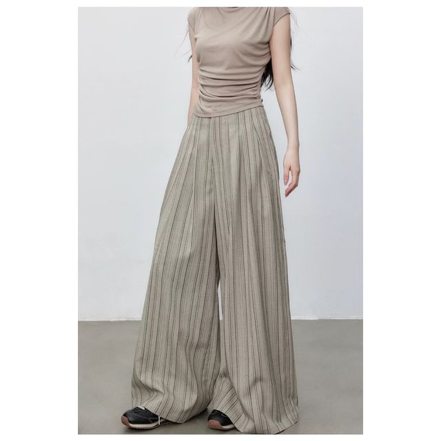 Long Sleeve V-Neck Mock Two Piece Button Knit Top / High Waist Striped Wide Leg Pants