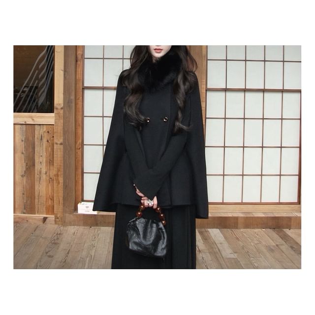 Detachable Faux Fur Collar Plain Double Breasted Cape