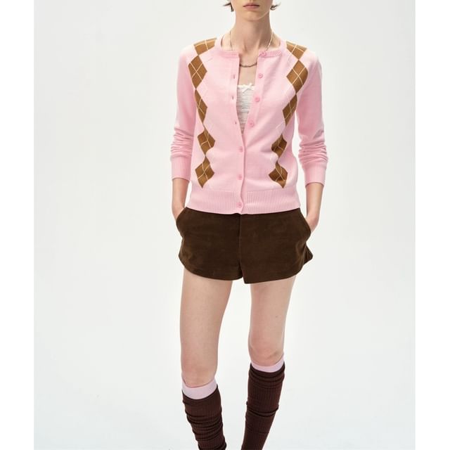 Round Neck Argyle Cardigan
