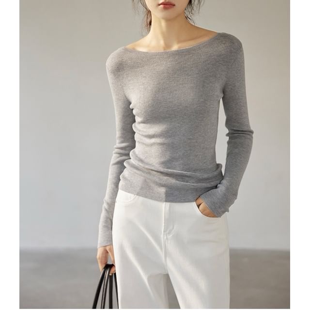 Long Sleeve Boat Neck Plain Knit Top