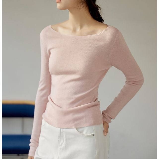 Long Sleeve Boat Neck Plain Knit Top