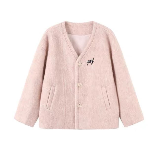 V-Neck Lettering Embroidered Button Jacket / Zip Hoodie / Elastic Waist Plain Wide Leg Pants