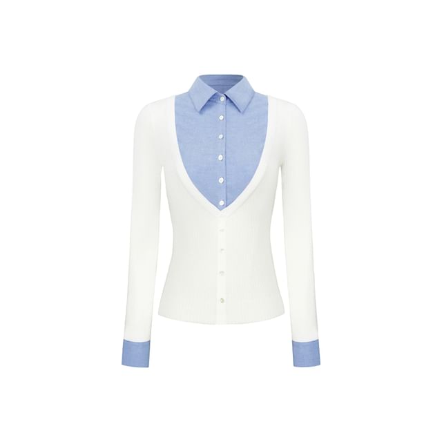 Long Sleeve Collared Mock Two Piece Button Ribbed Knit Top