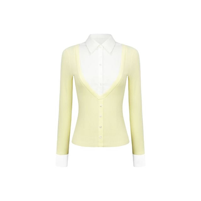 Long Sleeve Collared Mock Two Piece Button Ribbed Knit Top