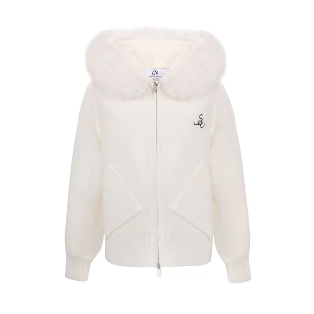 Lettering Embroidered Fluffy Trim Hood Zip Cardigan