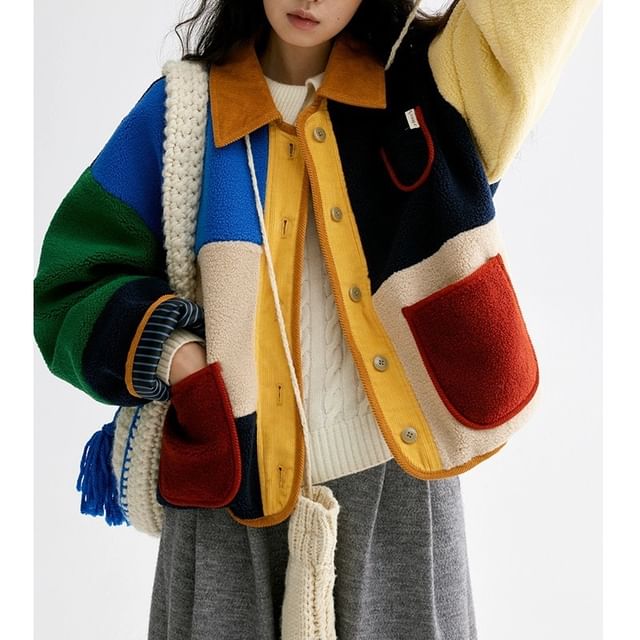 Collared Color Block Corduroy Panel Fleece Button Jacket