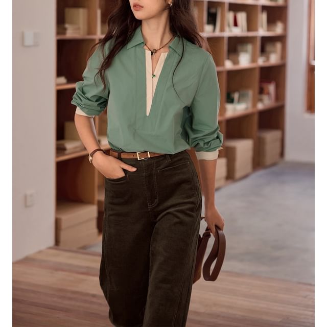 Two-Tone Panelled Collared Long-Sleeve Shirt