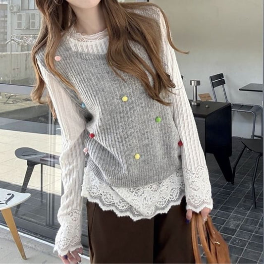 Ribbed Pom-Pom Round-Neck Sweater Vest & Lace Long-Sleeve Top