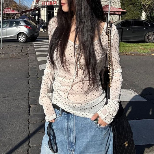 Dotted Mesh U-Neck Crop Top with Long Sleeves