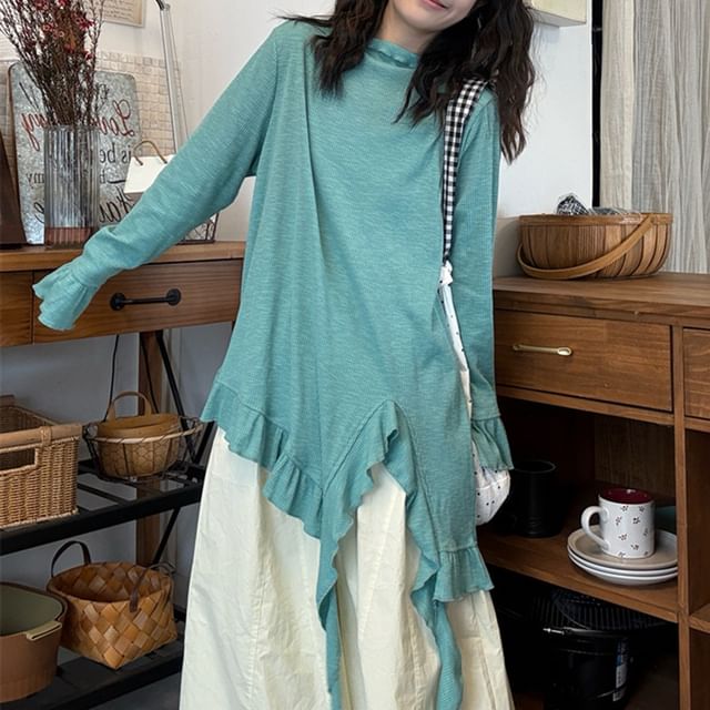 Asymmetrical Frill Trim Solid T-Shirt with Long Sleeves