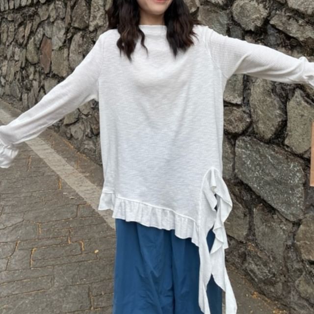 Asymmetrical Frill Trim Solid T-Shirt with Long Sleeves