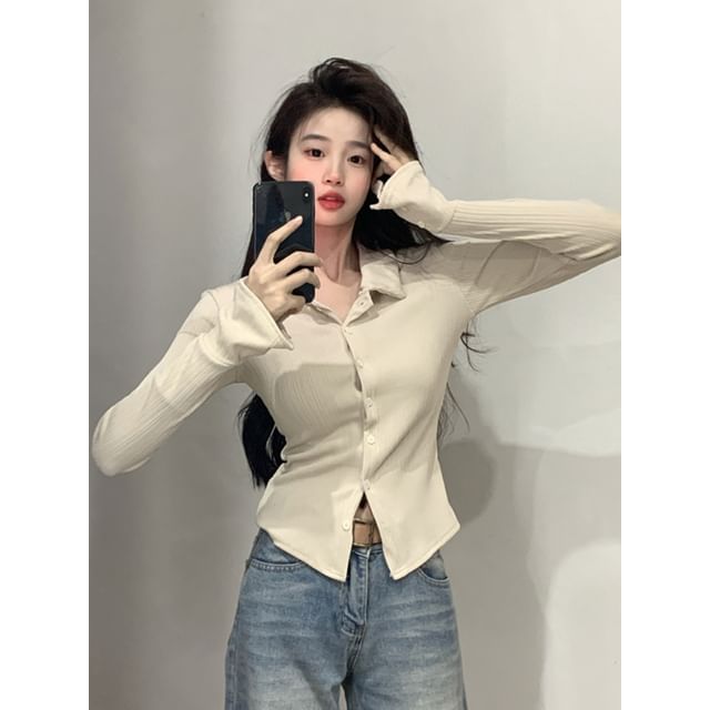 Collared Long Sleeve Button-Up Solid Slim Fit Top