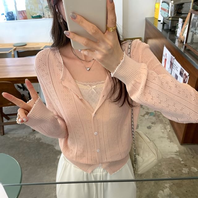 Round-Neck Contrast-Trim Pointelle Cardigan & Plain Camisole Set