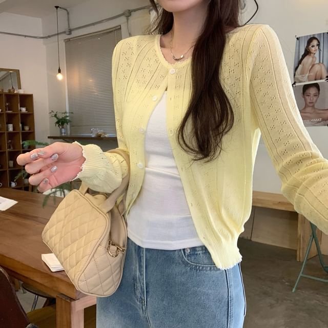 Round-Neck Contrast-Trim Pointelle Cardigan & Plain Camisole Set