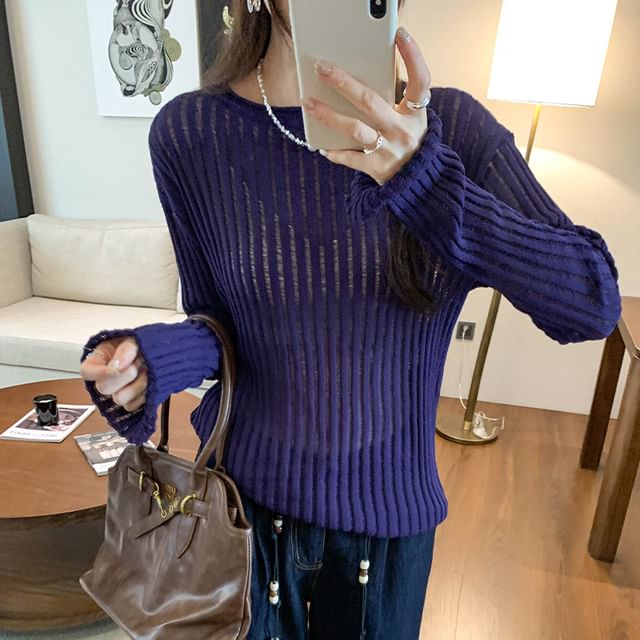 Round-Neck Long-Sleeve Plain Ribbed Knit Top