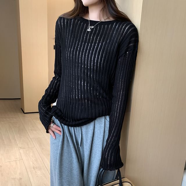 Round-Neck Long-Sleeve Plain Ribbed Knit Top