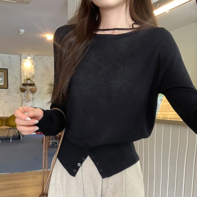 Round-Neck Long-Sleeve Plain Button-Slit Knit Top