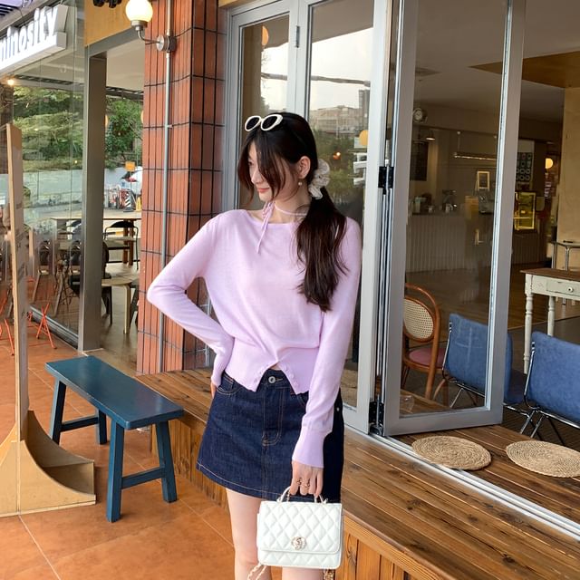 Round-Neck Long-Sleeve Plain Button-Slit Knit Top