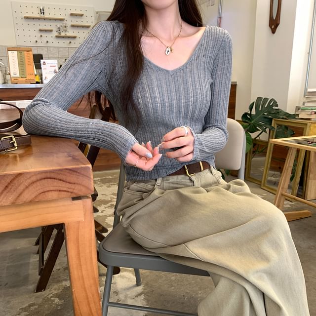 V-Neck Long-Sleeve Plain Ribbed Knit Top