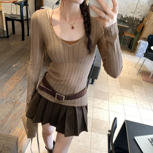 V-Neck Long-Sleeve Plain Ribbed Knit Top