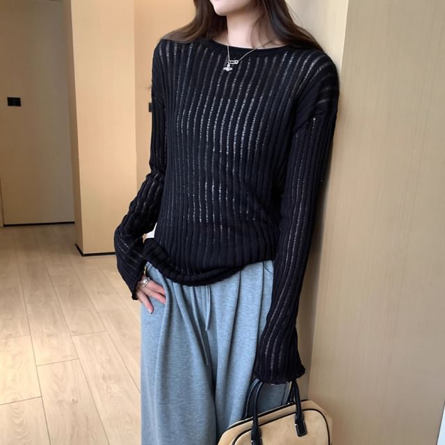 Round-Neck Long-Sleeve Plain Ribbed Knit Top