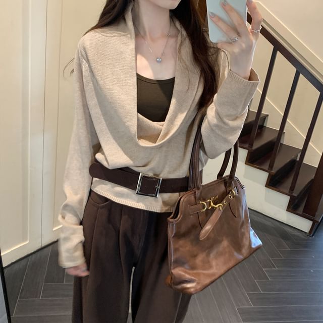 Cowl Neck Long Sleeve Solid Knit Top