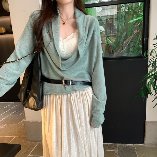 Cowl Neck Long Sleeve Solid Knit Top