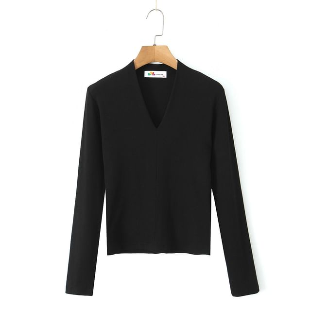 V-Neck Long Sleeve Solid T-Shirt