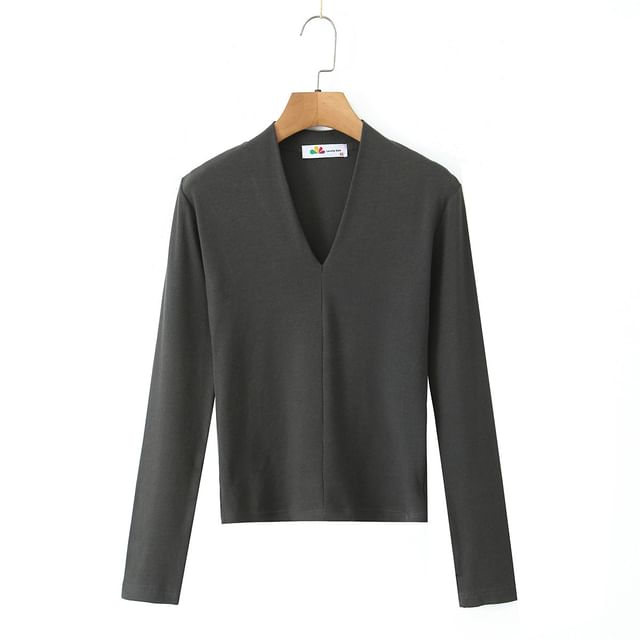 V-Neck Long Sleeve Solid T-Shirt