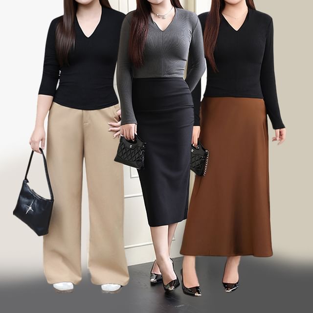 V-Neck Long Sleeve Solid T-Shirt
