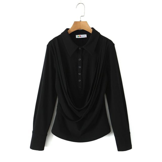 Half-Buttoned Long-Sleeve Plain Top