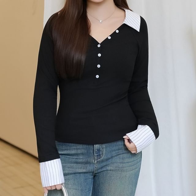 Two-Tone Long Sleeve Polo Shirt
