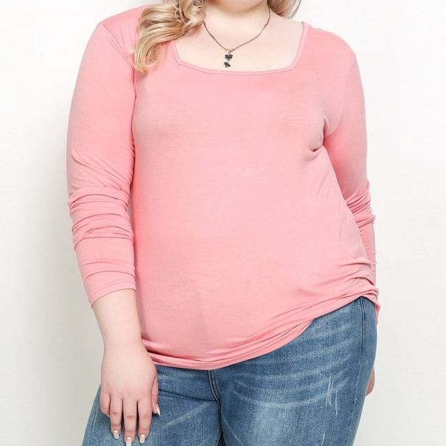 Square Neck Long Sleeve Solid T-Shirt